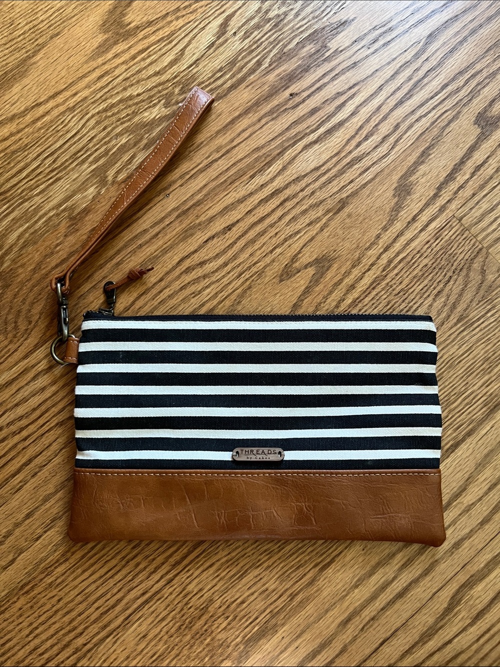 Threads-by Cakes: Striped Wristlet Clutch with Tan Vegan Leather Trim